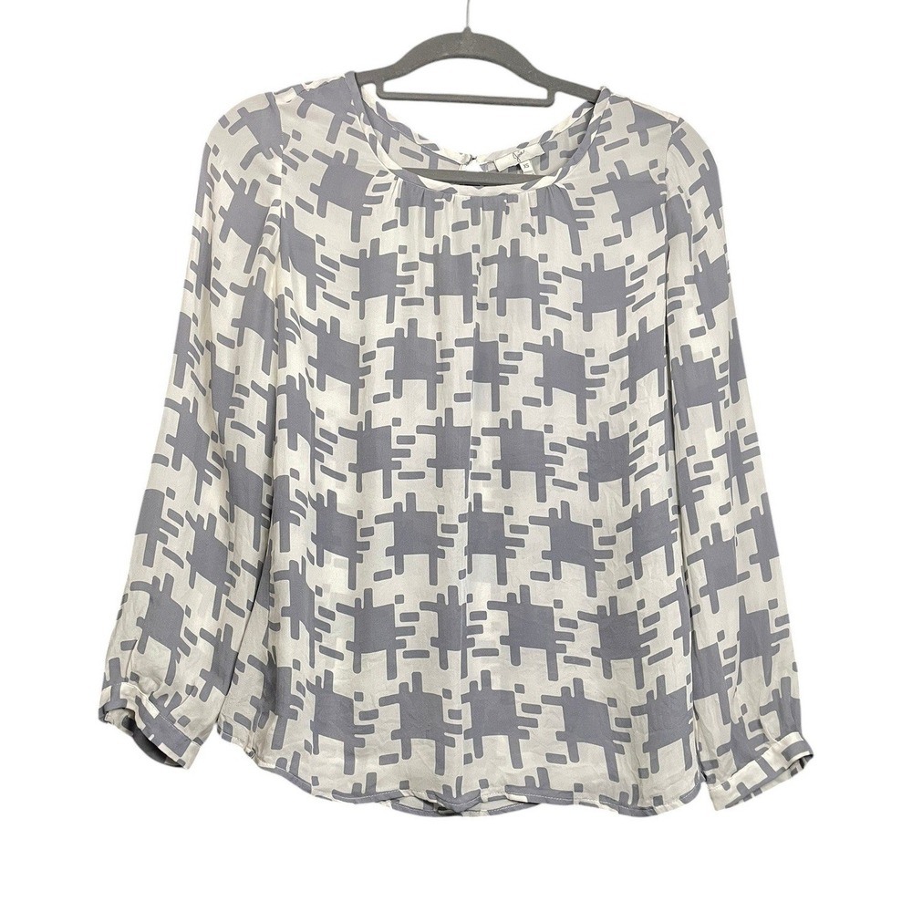 Joie‎ Gray White Geometric Abstract 100% Silk Long Sleeve Blouse XS
